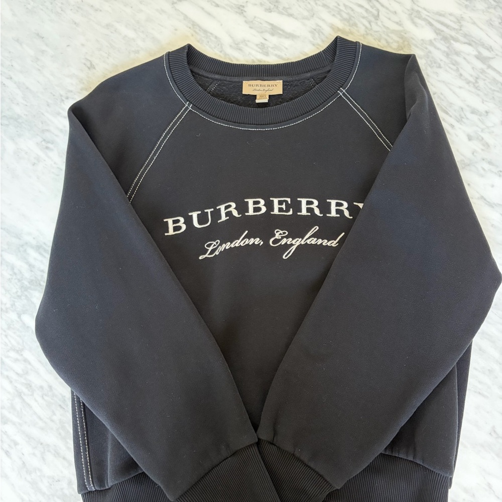 Burberry Black Logo Crewneck Sweatshirt with White Lettering.  100% Authentic